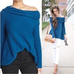 Free People Strawberry Fields Teal Cowl Neck Sweater